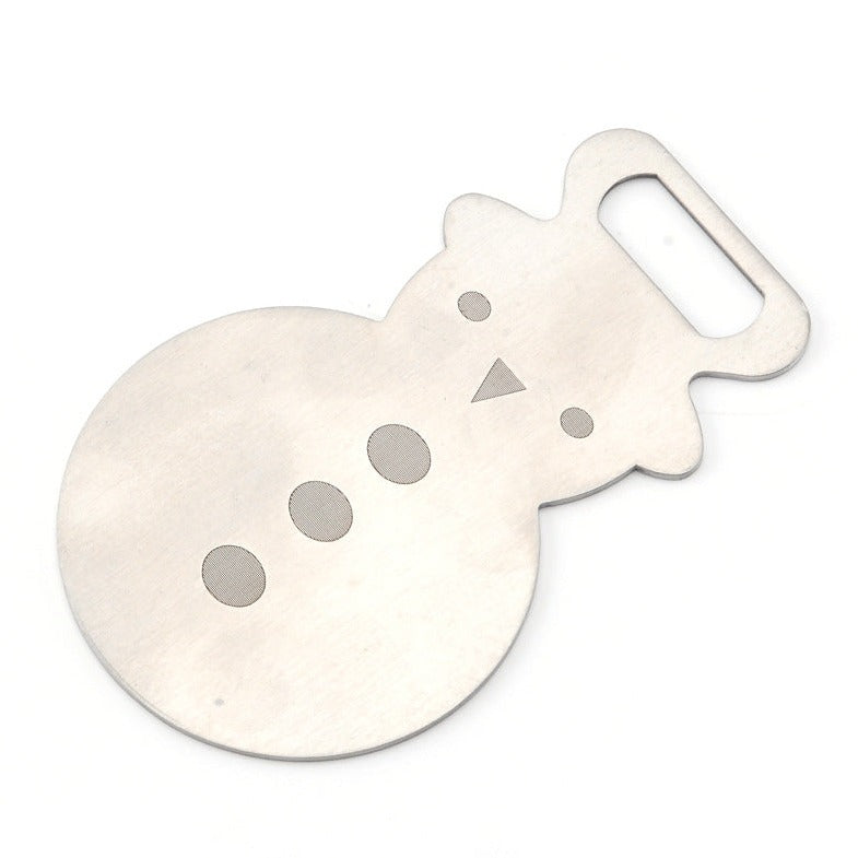 A sleek silver bottle opener with a cute snowman motif- yourstuffmade